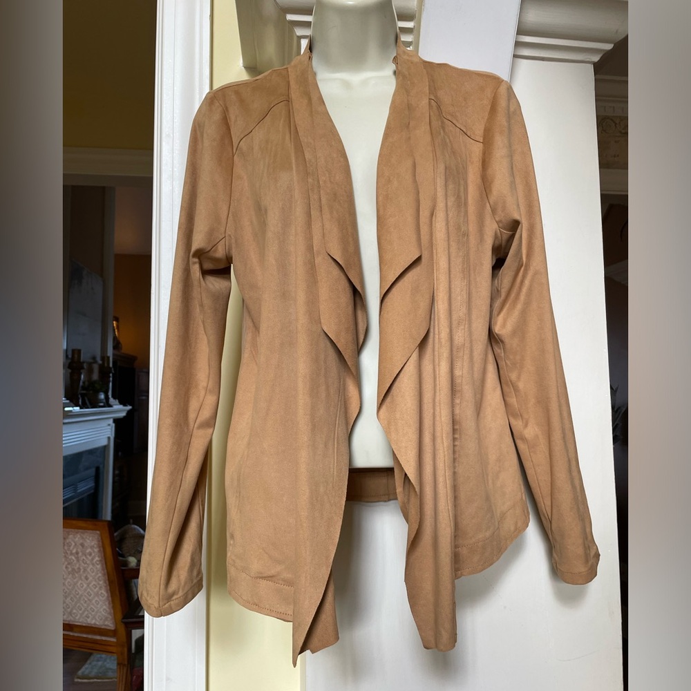 Kori dark tan faux suede waterfall open front jacket sz Small